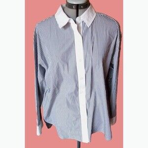 Karl Lagerfeld Paris Black White Striped Women Signature Shirt  Hi-Lo hem L-XL